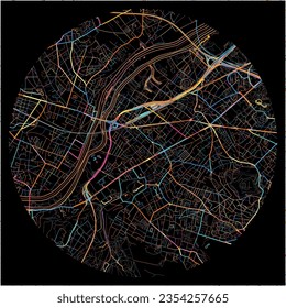 Map of Rueil-Malmaison, Hauts-de-Seine with all major and minor roads, railways and waterways. Colorful line art on black background.