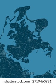 Mapa da Ilha de Rugen, Alemanha. O mapa apresenta um fundo azul escuro representando o mar