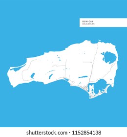 Map of Rum Cay Island, Bahamas, contains geography outlines for land mass, water, major roads and minor roads.