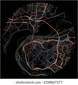 Map of Runcorn, North West England with all major and minor roads, railways and waterways. Colorful line art on black background.