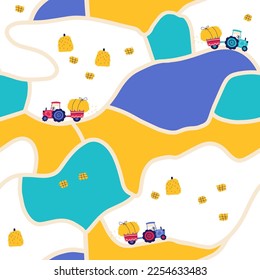 Map of rural fields seamless pattern. Vector hand drawn farm roads with tractor and hay. Trendy doodle style, bright palette for baby prints