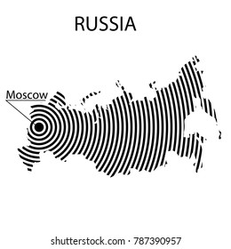 Map of Russia. Abstract black and white striped map of the country with the designation of the capital. Isolated on white background.