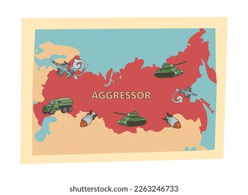 Map of Russia with aggressor lettering flat vector illustration. Violent country threatening neighbors with tanks, bombs and military planes isolated on white background. War, conflict concept
