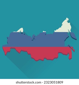 Map of Russia in the colors of the Russian flag in 3D on a blue background in the style of flat design