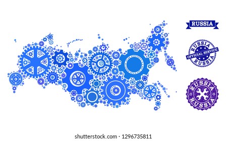 Map of Russia designed with blue wheel symbols, and isolated scratched stamps for official repair services. Vector abstract collage of map of Russia with repair symbols in blue color tints.
