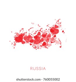 map of russia filled with hearts mosaic of different sizes and degrees of transparency