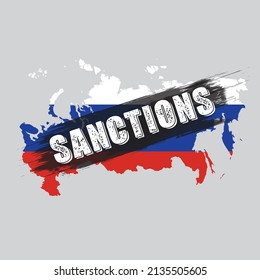 Map of Russia with flag isolated on grey background and black grunge brush line with sanctions. Isolation Russian economy because of war in Ukraine in 2022