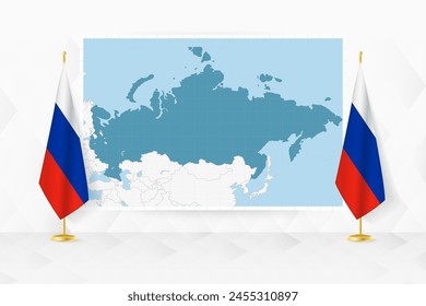 Map of Russia and flags of Russia on flag stand. Vector illustration for diplomacy meeting.