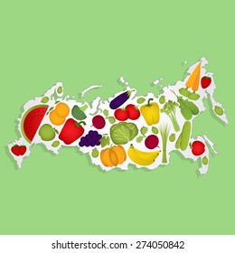 Map of Russia full of fruits and vegetables (tomato , apple, orange , eggplant, cabbage, cucumber , broccoli, grapes, arugula, banana, peppers, celery, green onions , strawberries, watermelon, carrot)