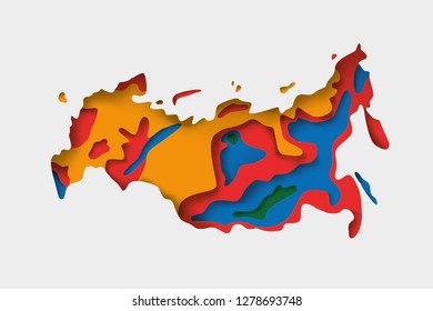 
Map of Russia. Imitation of the texture paper cut, origami. geographical features, plain and mountains. vector