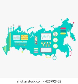 Map of Russia like a cute and funny machine with knobs, buttons, panels and levers. Isolated. White background.