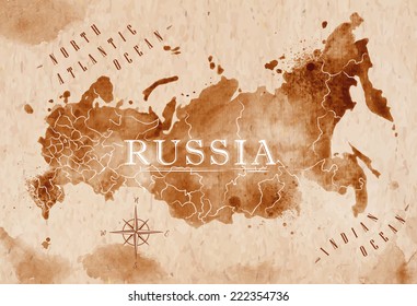 Map of Russia in old style in brown graphics in a retro style
