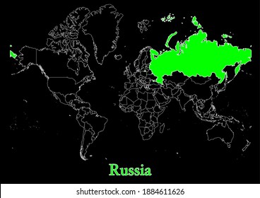 Map of  Russia on black background.  The map shows the location of the Russian Federation in the world. The vector map is appropriate for prints of all sizes. An isolated map on black background.