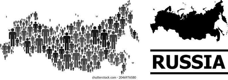 Map of Russia for political projects. Vector population abstraction. Concept map of Russia done of man icons. Demographic concept in dark grey color tints.