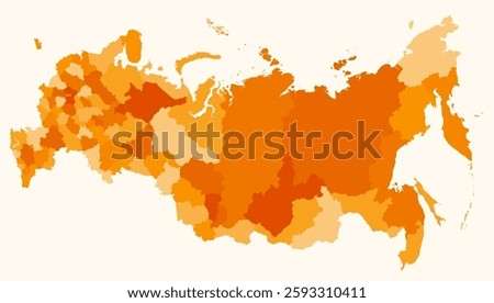 Map of Russia with regions. Just a simple country border map with region division. Orange color palette. Plain Russian Federation shape with administrative division. Vector illustration.