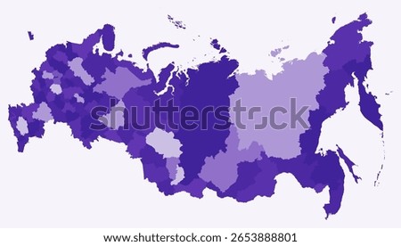 Map of Russia with regions. Just a simple country border map with region division. Deep purple color palette. Blank Russian Federation shape with administrative division. Vector illustration.
