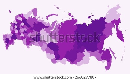 Map of Russia with regions. Just a simple country border map with region division. Purple color palette. Flat Russian Federation shape with administrative division. Vector illustration.