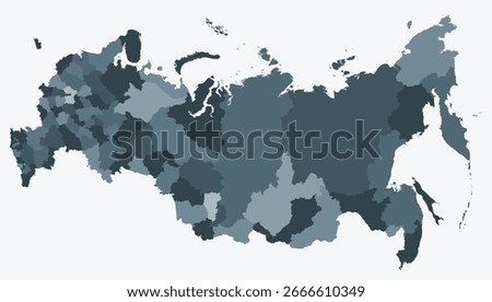 Map of Russia with regions. Just a simple country border map with region division. Blue grey color palette. Plain Russian Federation shape with administrative division. Vector illustration.