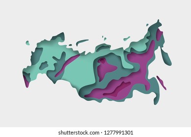 
Map of Russia, Russian Federation. Imitation of the texture paper cut, origami. geographical features, plain and mountains. vector