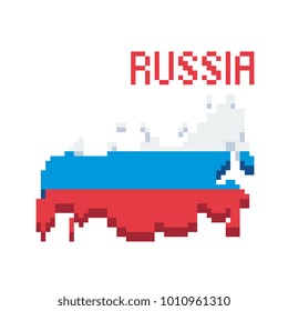 Map of Russia in Russian flag colors. Pixel art. Stickers design. Isolated vector illustration. 