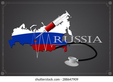 Map of Russia with Stethoscope and syringe.