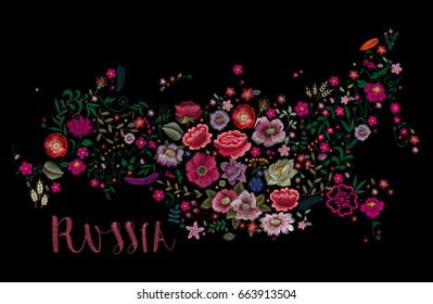 map of Russia. Traditional folk stylish stylish floral embroidery on the black background. Sketch for printing on clothing, cloth, accessories and design. Trend vector