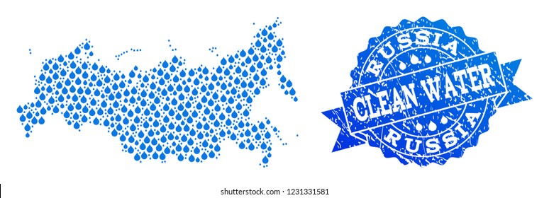 Map of Russia vector mosaic and clean water grunge stamp. Map of Russia designed with blue water tears. Seal with grunge rubber texture for clear drinking water.