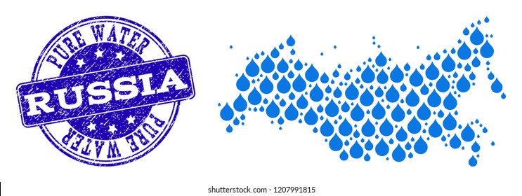 Map of Russia vector mosaic and Pure Water grunge stamp. Map of Russia designed with blue water drops. Seal with scratched rubber texture for clean drinking water.
