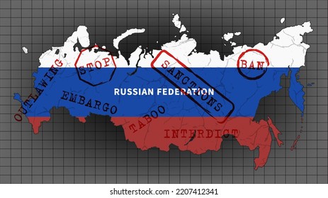 Map of the Russian Federation in the colors of the state flag on a dark checkered background with seals and inscriptions, sanctions, embargo, taboo, ban, stop and ban. Vector political economy banner