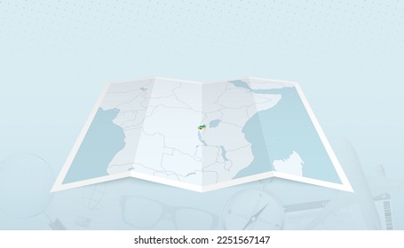 Map of Rwanda with the flag of Rwanda in the contour of the map on a trip abstract backdrop. Travel illustration.