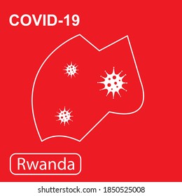 Mapa de Ruanda etiquetado como "COVID-19". Mapa de esquema blanco sobre un fondo rojo. Ilustración vectorial de un virus, coronavirus, epidemiología.