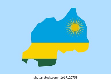 Map of Rwanda on a blue background, Flag of Rwanda on it.