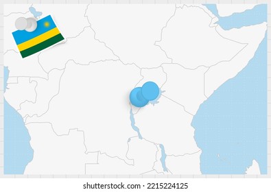 Mapa de Ruanda con un pin azul. Bandera enclavada de Ruanda, ilustración vectorial.