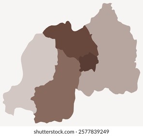 Map of Rwanda with regions. Just a simple country border map with region division. Brown color palette. Plain Republic of Rwanda shape with administrative division. Vector illustration.