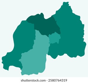 Map of Rwanda with regions. Just a simple country border map with region division. Teal color palette. Blank Republic of Rwanda shape with administrative division. Vector illustration.