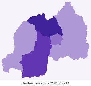 Map of Rwanda with regions. Just a simple country border map with region division. Deep purple color palette. Flat Republic of Rwanda shape with administrative division. Vector illustration.