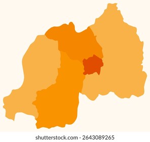 Map of Rwanda with regions. Just a simple country border map with region division. Orange color palette. Blank Republic of Rwanda shape with administrative division. Vector illustration.