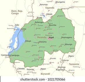 Map of Rwanda. Shows country borders, urban areas, place names and roads. Labels in English where possible.
Projection: Mercator.