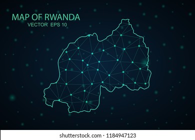 Map Rwanda. Wire Frame 3D mesh polygonal network line, design sphere,Rwanda map on dark background. Vector illustration eps 10.