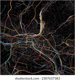 Map of Saarbrucken, Saarland with all major and minor roads, railways and waterways. Colorful line art on black background.