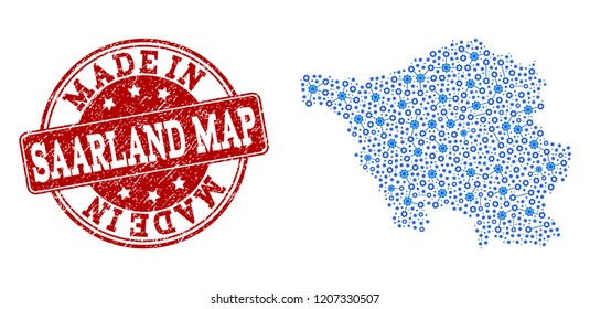 Map of Saarland map vector mosaic and Made In grunge stamp. Map of Saarland map created with blue cog links. Made in red seal with unclean rubber texture.