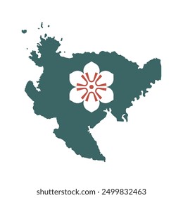 Mapa de la prefectura de Saga con su bandera oficial aislada sobre fondo blanco. Ilustración vectorial