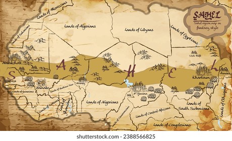 Map of Sahel region in the old style, brown graphics in retro fantasy style
