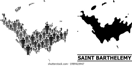 Map of Saint Barthelemy for social agitprop. Vector population collage. Collage map of Saint Barthelemy organized of crowd pictograms. Demographic concept in dark gray color shades.