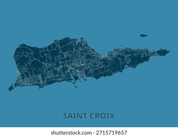 Karte von Saint Croix Insel. Die Karte ist in blauen Tönen dargestellt, wobei die Insel selbst in einem dunkleren Blau und das umliegende Wasser in einem helleren Blau dargestellt ist.
