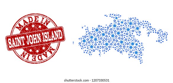 Map of Saint John Island vector mosaic and Made In grunge stamp. Map of Saint John Island designed with blue wheel connections. Made in red seal with distress rubber texture.