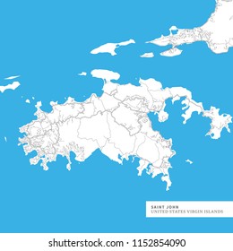 Map of Saint John Island, United States Virgin Islands, contains geography outlines for land mass, water, major roads and minor roads.