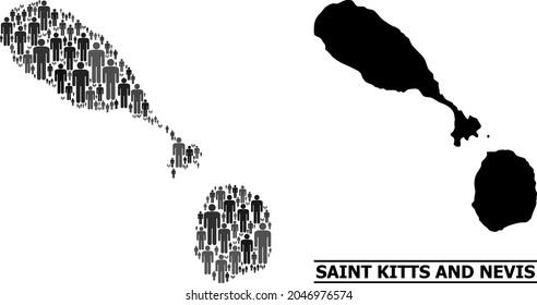 Map of Saint Kitts and Nevis for demographics promotion. Vector demographics mosaic. Composition map of Saint Kitts and Nevis done of man icons. Demographic concept in dark grey color tinges.