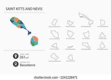 Map of Saint Kitts and Nevis with detailed country map. Map elements of cities, total areas and capital.