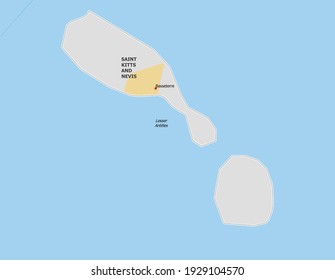 Map of Saint Kitts and Nevis. Map is drawn in high detail and for clarity shows only major cities. Country is drawn with neighboring countries.